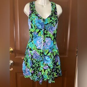 Vintage Selections Floral Sleeveless Romper in Blue and Green